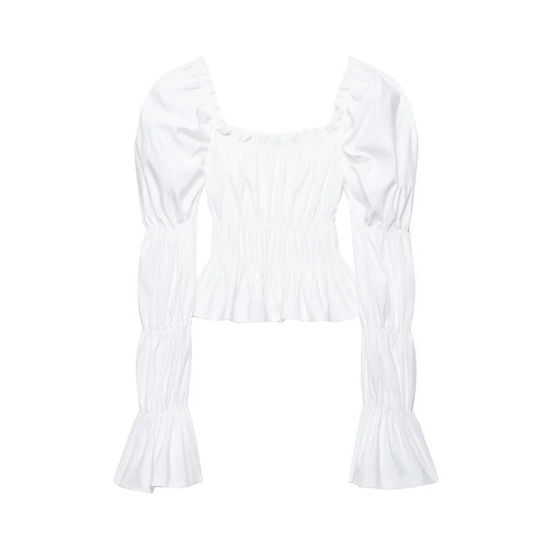 Damen Gerafftes Carmen-Crop-Top mit Puffärmeln, smockierter Taille und Stufenärmeln Nord Taschen