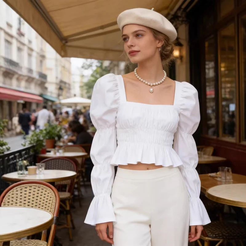 Damen Gerafftes Carmen-Crop-Top mit Puffärmeln, smockierter Taille und Stufenärmeln Nord Taschen
