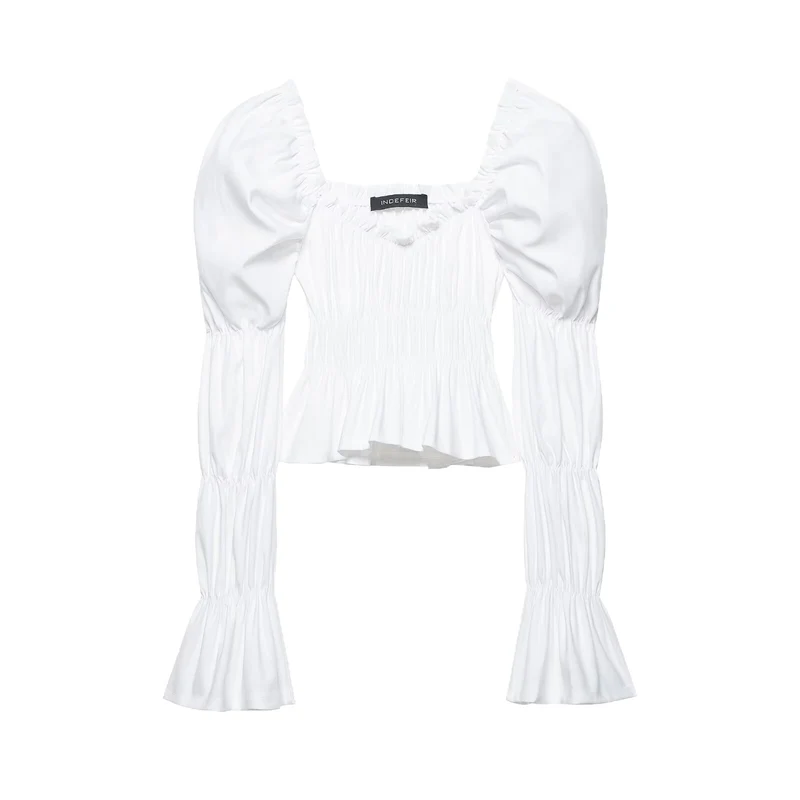 Damen Gerafftes Carmen-Crop-Top mit Puffärmeln, smockierter Taille und Stufenärmeln Nord Taschen