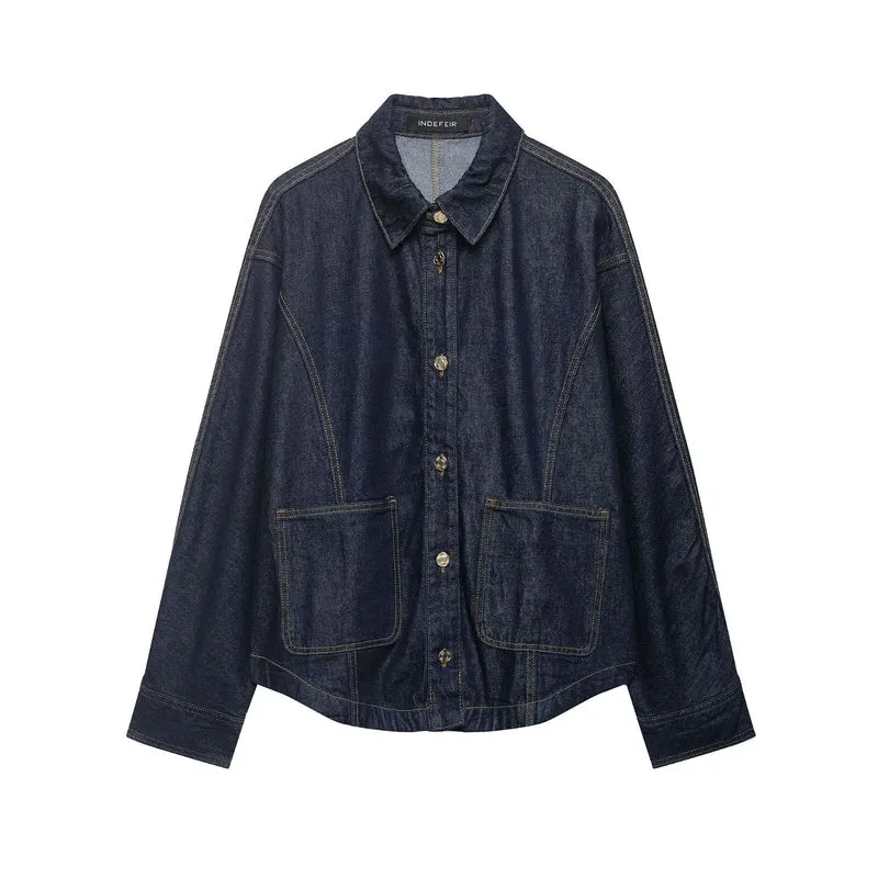 Damen Oversize-Denimjacke mit aufgesetzten Taschen und Ziernähten Nord Taschen