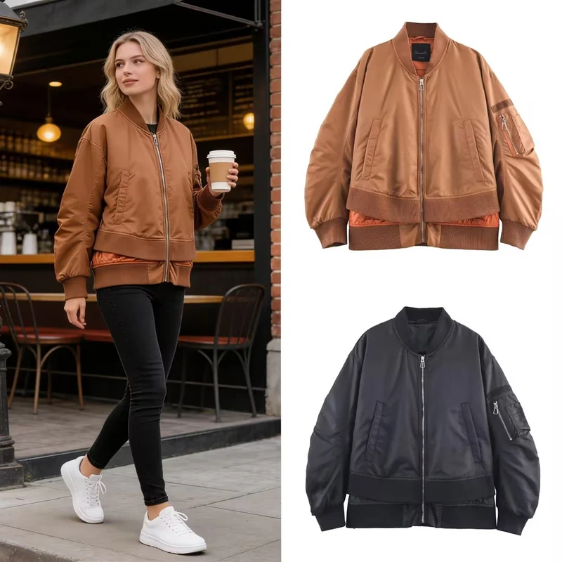 Damen Oversize-Bomberjacke mit wattierter Steppfütterung, Ärmel‑Reißverschlusstasche und breitem Rippbund Nord Taschen