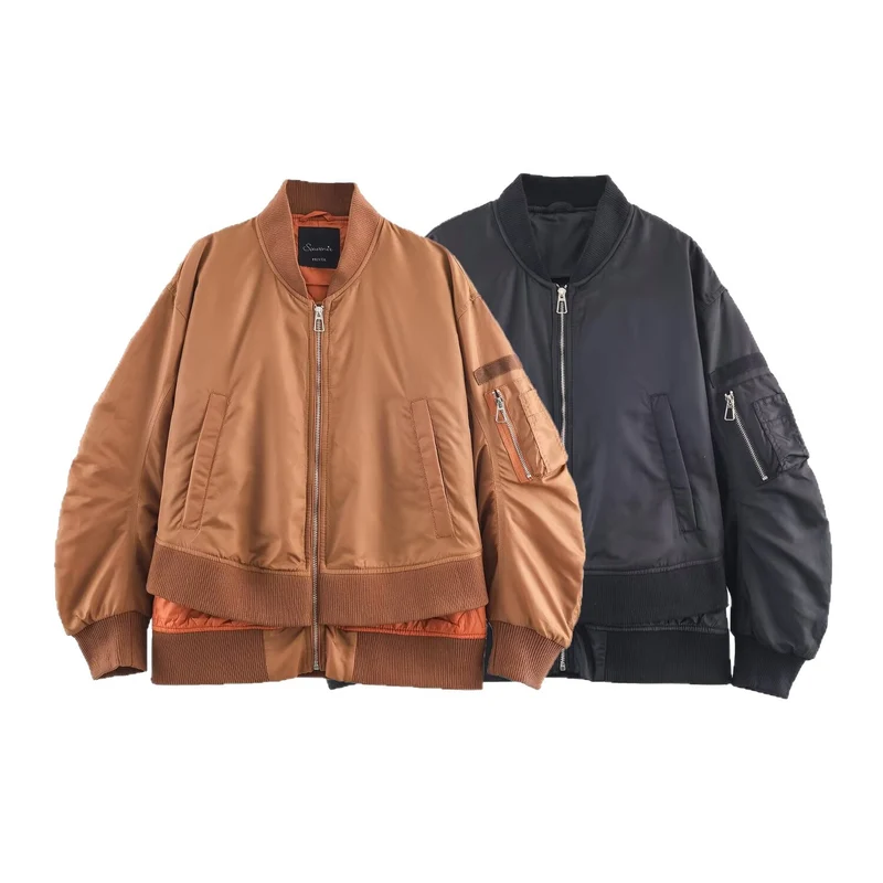 Damen Oversize-Bomberjacke mit wattierter Steppfütterung, Ärmel‑Reißverschlusstasche und breitem Rippbund Nord Taschen
