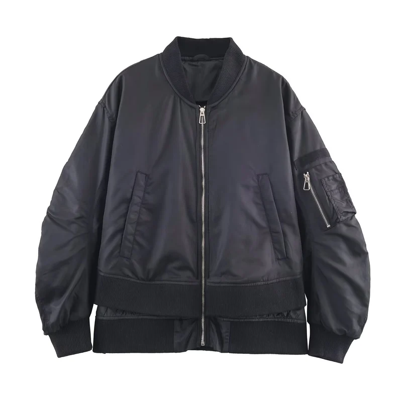 Damen Oversize-Bomberjacke mit wattierter Steppfütterung, Ärmel‑Reißverschlusstasche und breitem Rippbund Nord Taschen