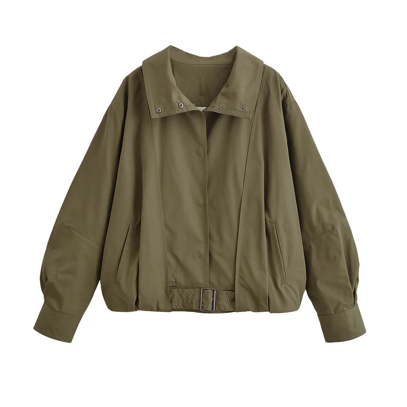 Damen Oversize-Bomberjacke mit Taillenriemen und Stehkragen Nord Taschen