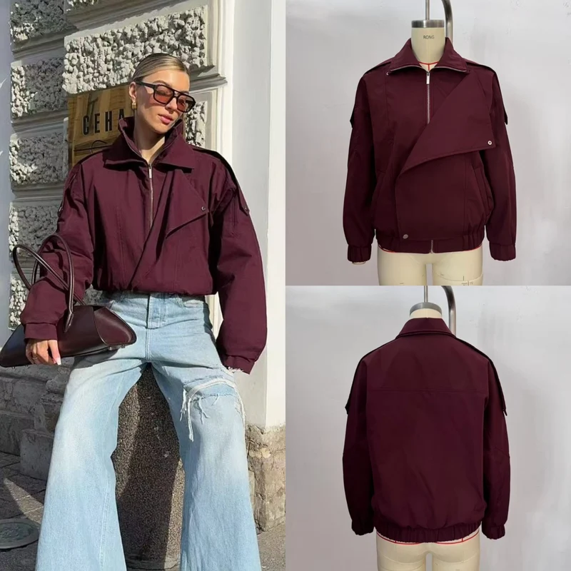 Damen Oversize-Bomberjacke mit asymmetrischer Blendenfront, Stehkragen und Tunnelzugsaum Nord Taschen