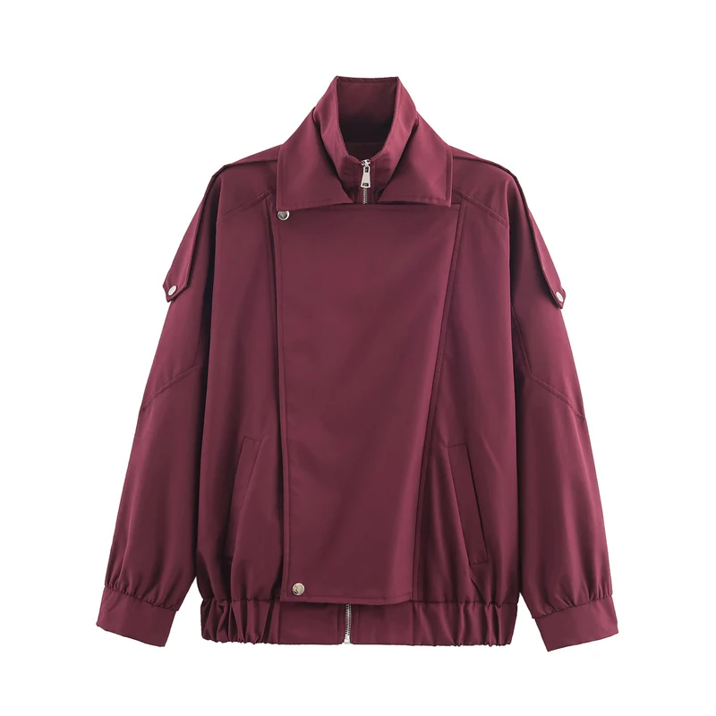 Damen Oversize-Bomberjacke mit asymmetrischer Blendenfront, Stehkragen und Tunnelzugsaum Nord Taschen