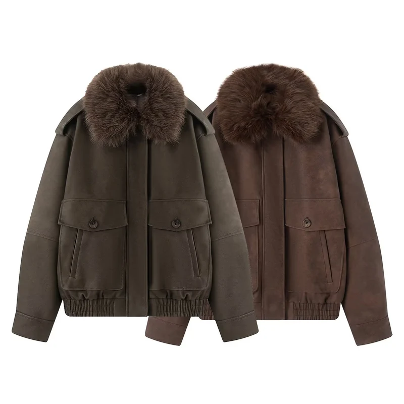 Damen Oversize-Bomberjacke aus Wildlederoptik mit abnehmbarem Fellkragen Nord Taschen
