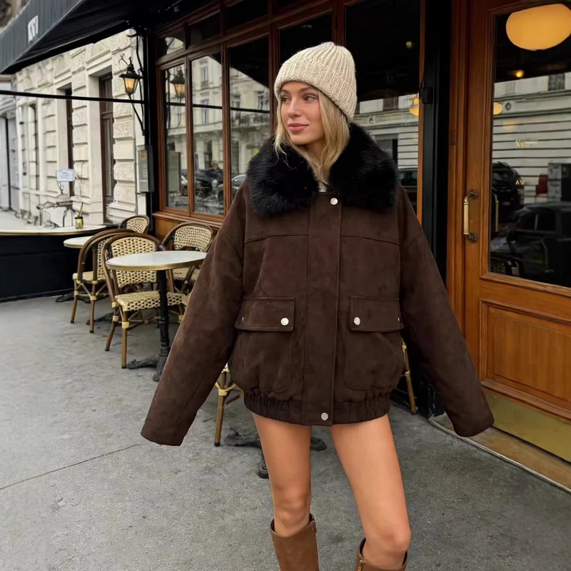 Damen Oversize Bomberjacke aus Wildlederimitat mit großem Kunstfellkragen Nord Taschen