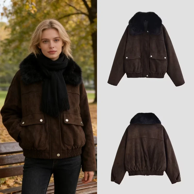 Damen Oversize Bomberjacke aus Wildlederimitat mit großem Kunstfellkragen Nord Taschen