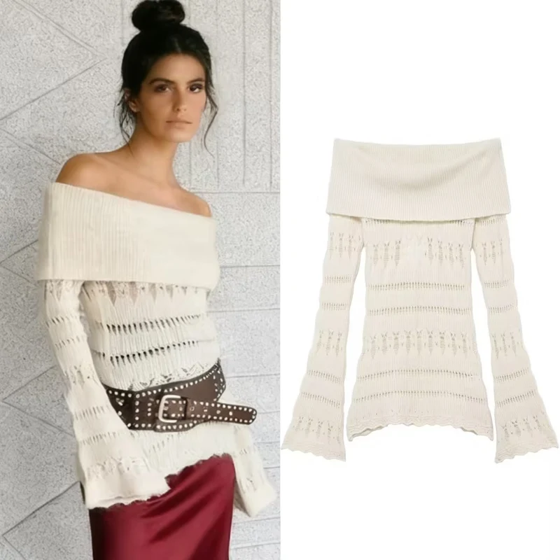 Damen Off-Shoulder Feinstrickpullover mit überfallendem Rollkragen und Trompetenärmeln Nord Taschen