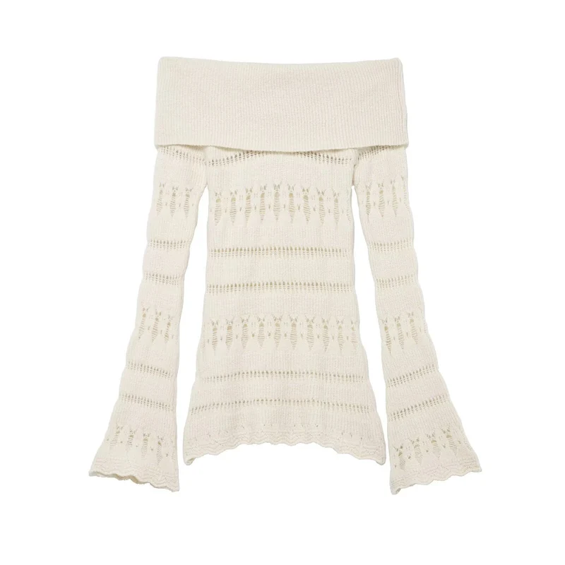 Damen Off-Shoulder Feinstrickpullover mit überfallendem Rollkragen und Trompetenärmeln Nord Taschen