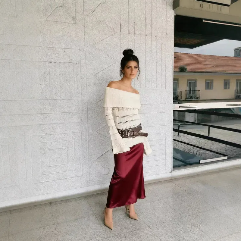 Damen Off-Shoulder Feinstrickpullover mit überfallendem Rollkragen und Trompetenärmeln Nord Taschen