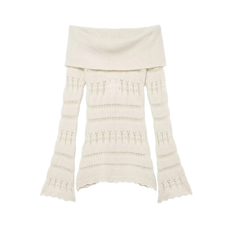 Damen Off-Shoulder Feinstrickpullover mit überfallendem Rollkragen und Trompetenärmeln Nord Taschen