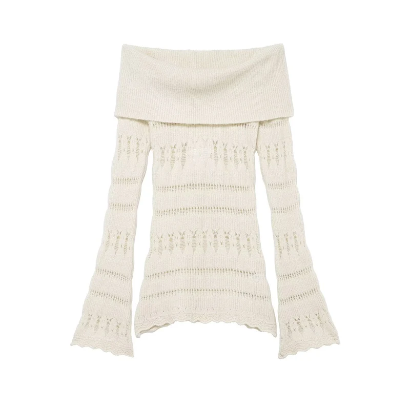 Damen Off-Shoulder Feinstrickpullover mit überfallendem Rollkragen und Trompetenärmeln Nord Taschen