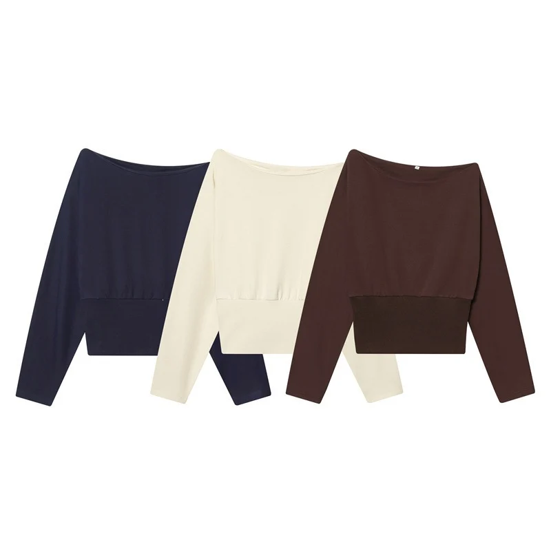 Damen Off-Shoulder Cropped Sweatshirt mit weitem Boot-Ausschnitt und Taillenbund Nord Taschen