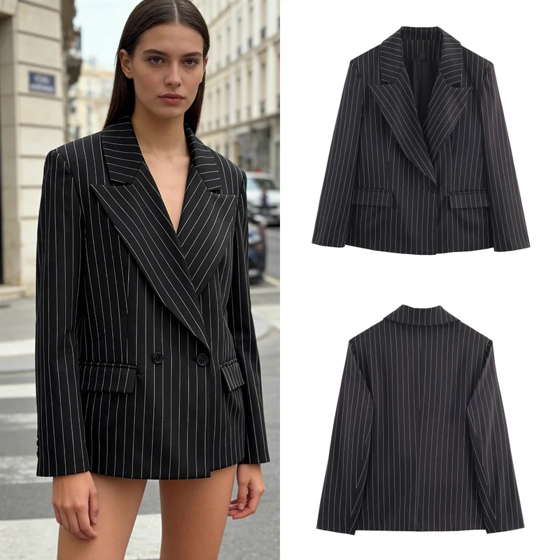 Damen Nadelstreifen-Blazer mit weitem Revers, Ein-Knopfverschluss und Pattentaschen Nord Taschen