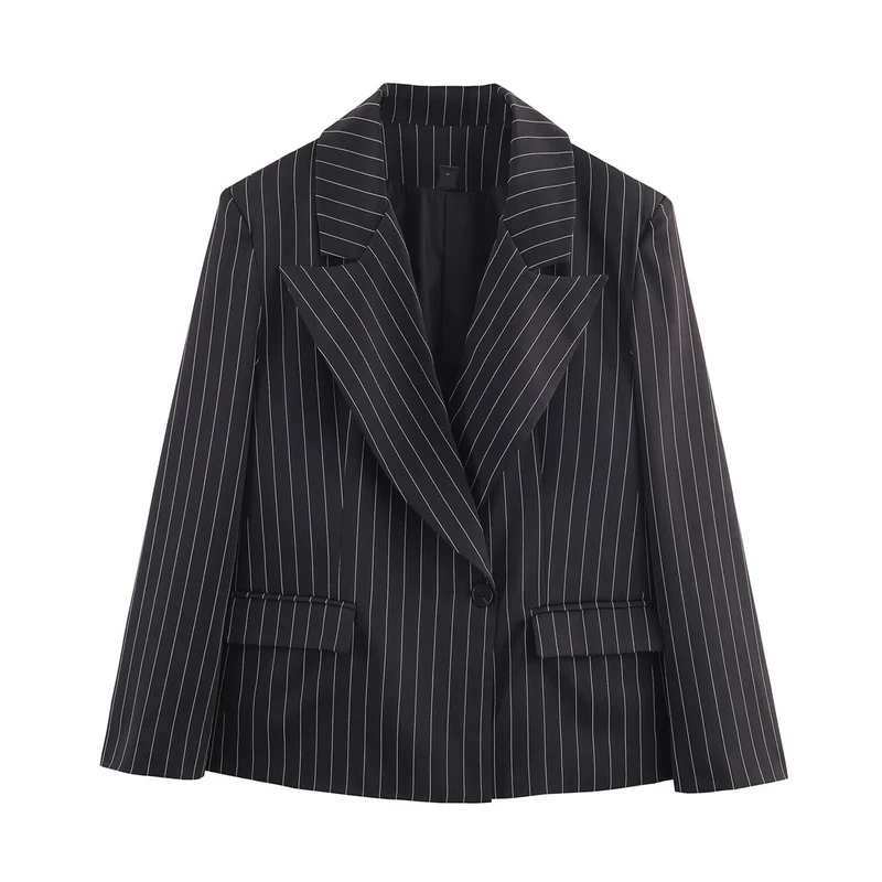 Damen Nadelstreifen-Blazer mit weitem Revers, Ein-Knopfverschluss und Pattentaschen Nord Taschen