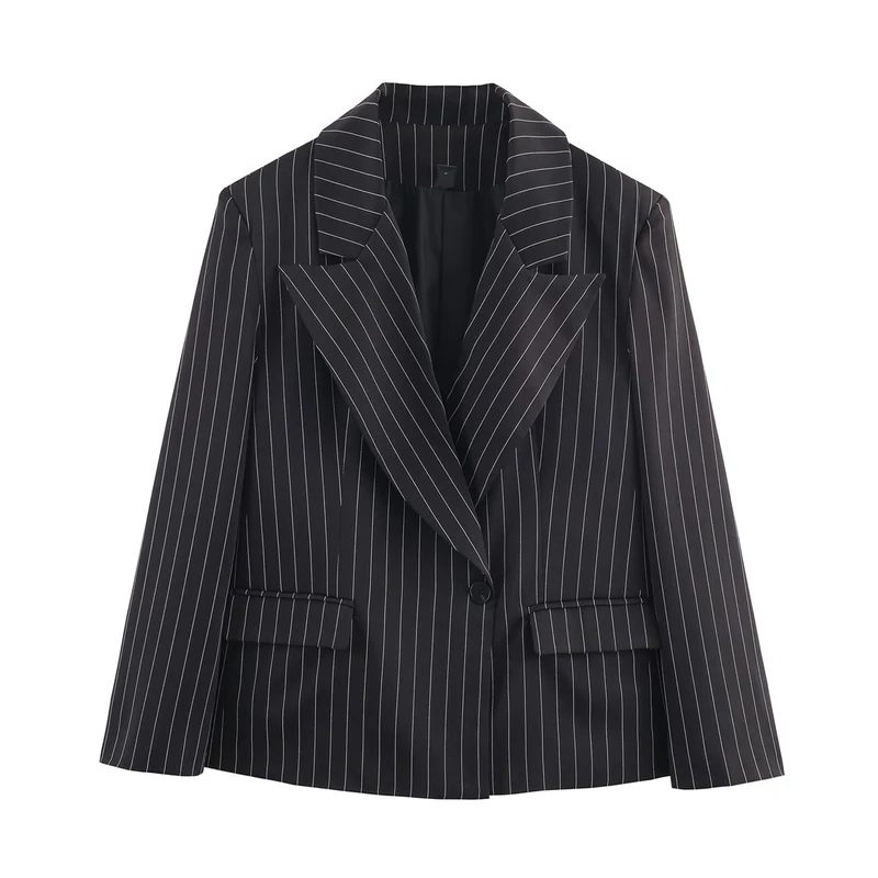 Damen Nadelstreifen-Blazer mit weitem Revers, Ein-Knopfverschluss und Pattentaschen Nord Taschen