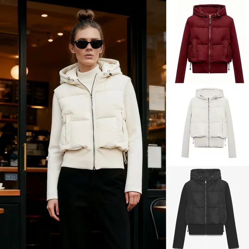 Damen Kurz geschnittene Hybrid-Steppjacke mit Kapuze, Rippbündchen und Tunnelzug Nord Taschen