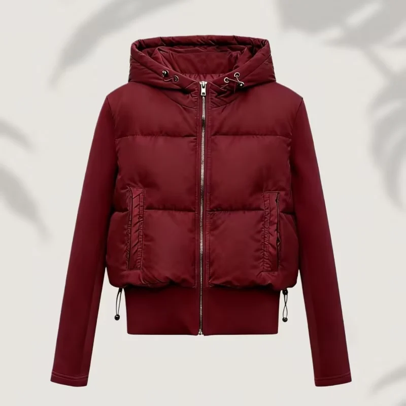 Damen Kurz geschnittene Hybrid-Steppjacke mit Kapuze, Rippbündchen und Tunnelzug Nord Taschen