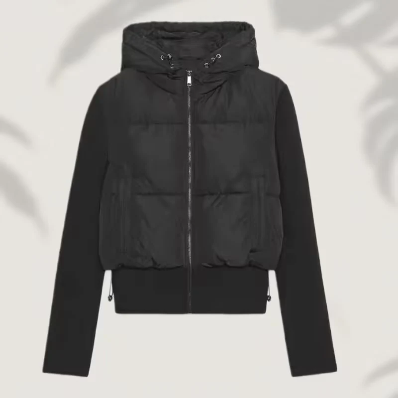 Damen Kurz geschnittene Hybrid-Steppjacke mit Kapuze, Rippbündchen und Tunnelzug Nord Taschen