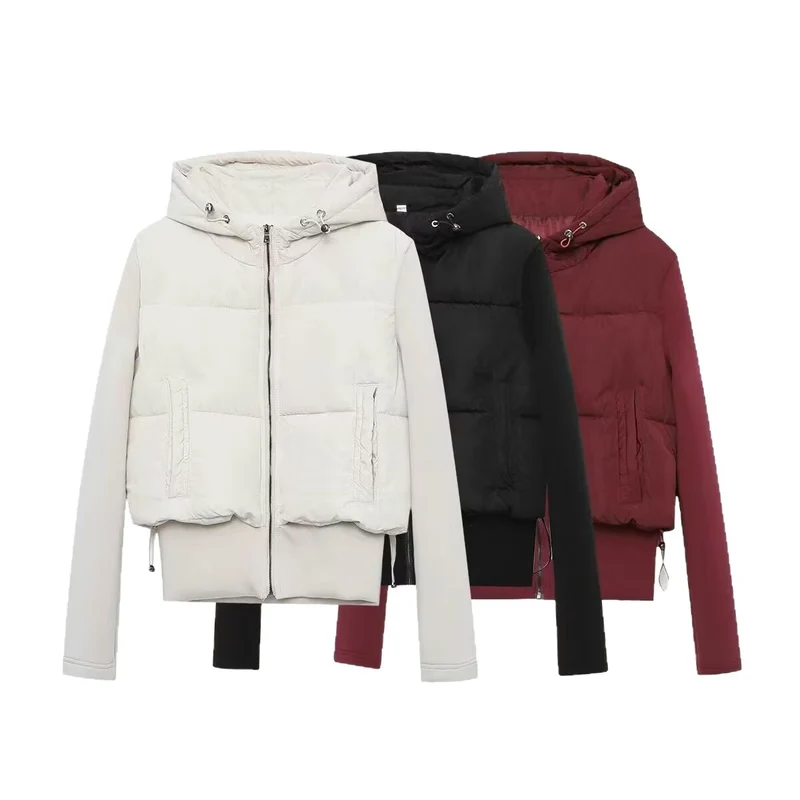 Damen Kurz geschnittene Hybrid-Steppjacke mit Kapuze, Rippbündchen und Tunnelzug Nord Taschen
