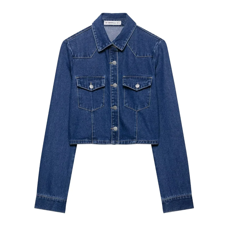 Damen Kurz geschnittene Denim‑Jacke mit Brusttaschen und Druckknopfleiste Nord Taschen