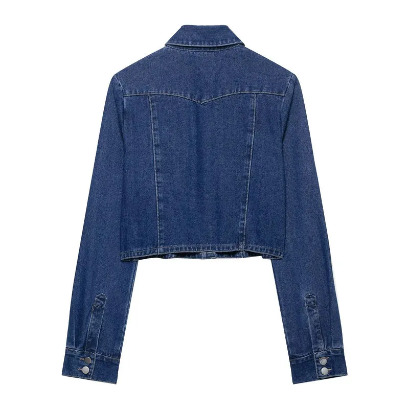 Damen Kurz geschnittene Denim‑Jacke mit Brusttaschen und Druckknopfleiste Nord Taschen