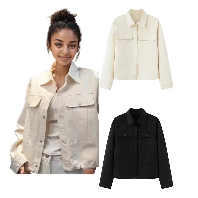 Damen Kurz geschnittene Boxy-Overshirtjacke aus veganer Lederoptik mit Pattentaschen und Druckknopfverschluss Nord Taschen