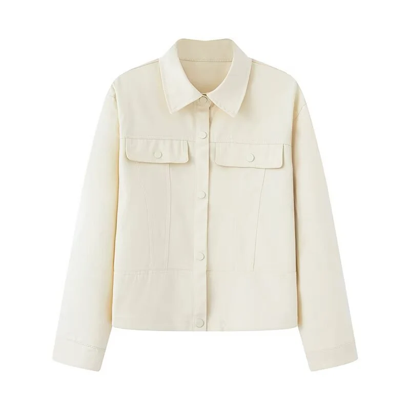 Damen Kurz geschnittene Boxy-Overshirtjacke aus veganer Lederoptik mit Pattentaschen und Druckknopfverschluss Nord Taschen