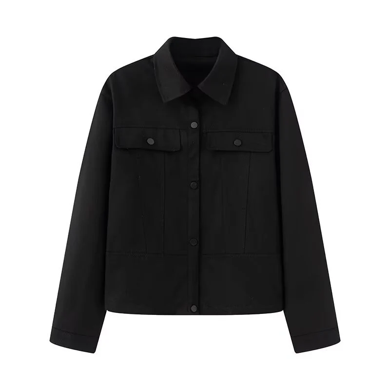 Damen Kurz geschnittene Boxy-Overshirtjacke aus veganer Lederoptik mit Pattentaschen und Druckknopfverschluss Nord Taschen