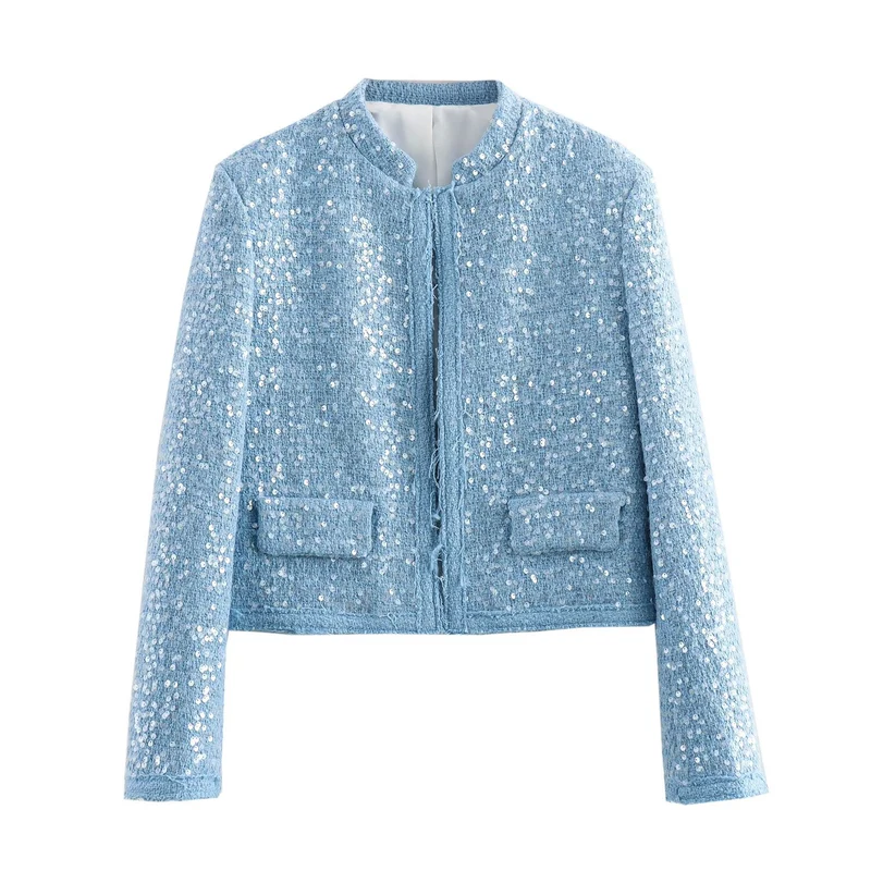 Damen Kurz geschnittene Bouclé‑Tweed Jacke mit Paillettenbesatz und Pattentaschen Nord Taschen