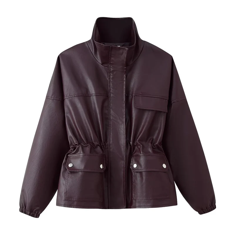 Damen Kunstleder-Parka mit Stehkragen, Taillenzug und aufgesetzten Klappentaschen Nord Taschen