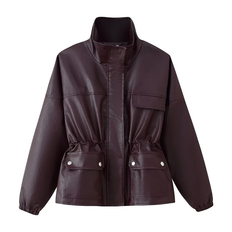 Damen Kunstleder-Parka mit Stehkragen, Taillenzug und aufgesetzten Klappentaschen Nord Taschen