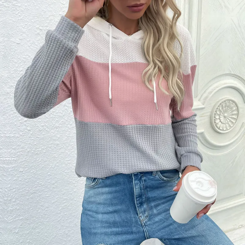Damen Lässiger Strick-Hoodie mit Colorblock, Kordelzug und feinem Waffelmuster Nord Taschen