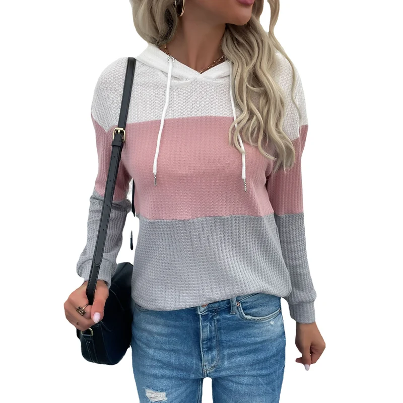 Damen Lässiger Strick-Hoodie mit Colorblock, Kordelzug und feinem Waffelmuster Nord Taschen