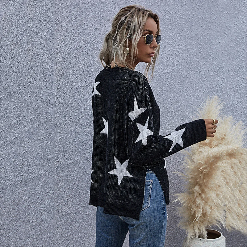 Damen Lässiger Sternen-Strickpullover in Oversize mit V-Ausschnitt und ausgefranstem Saum Nord Taschen