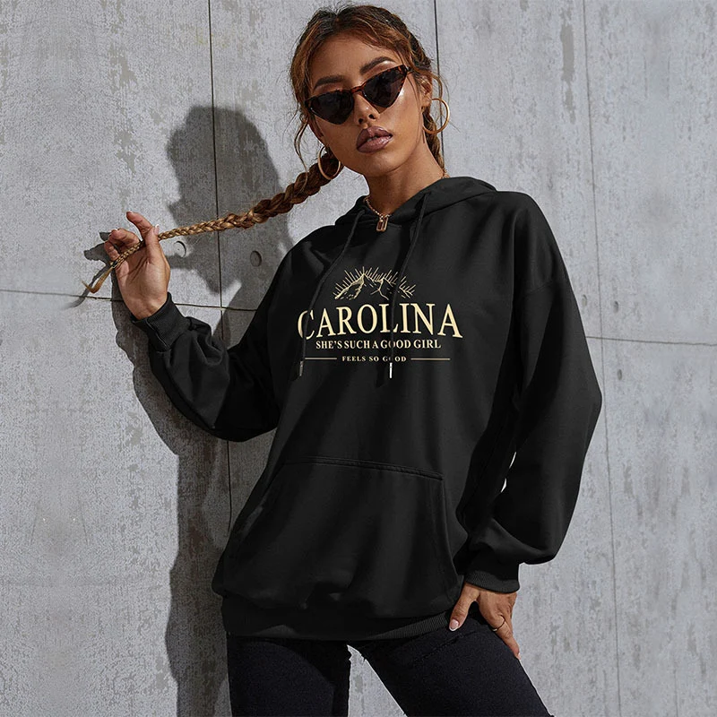 Damen Lässiger Oversize-Kapuzenpullover mit Statement-Print, Kängurutasche und Rippbündchen Nord Taschen