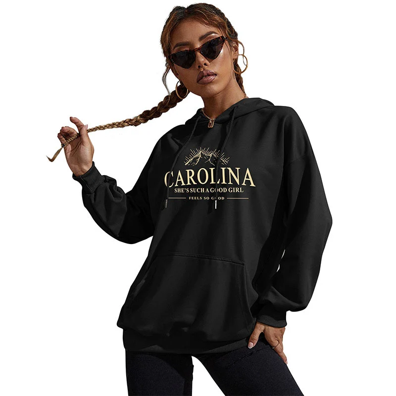 Damen Lässiger Oversize-Kapuzenpullover mit Statement-Print, Kängurutasche und Rippbündchen Nord Taschen