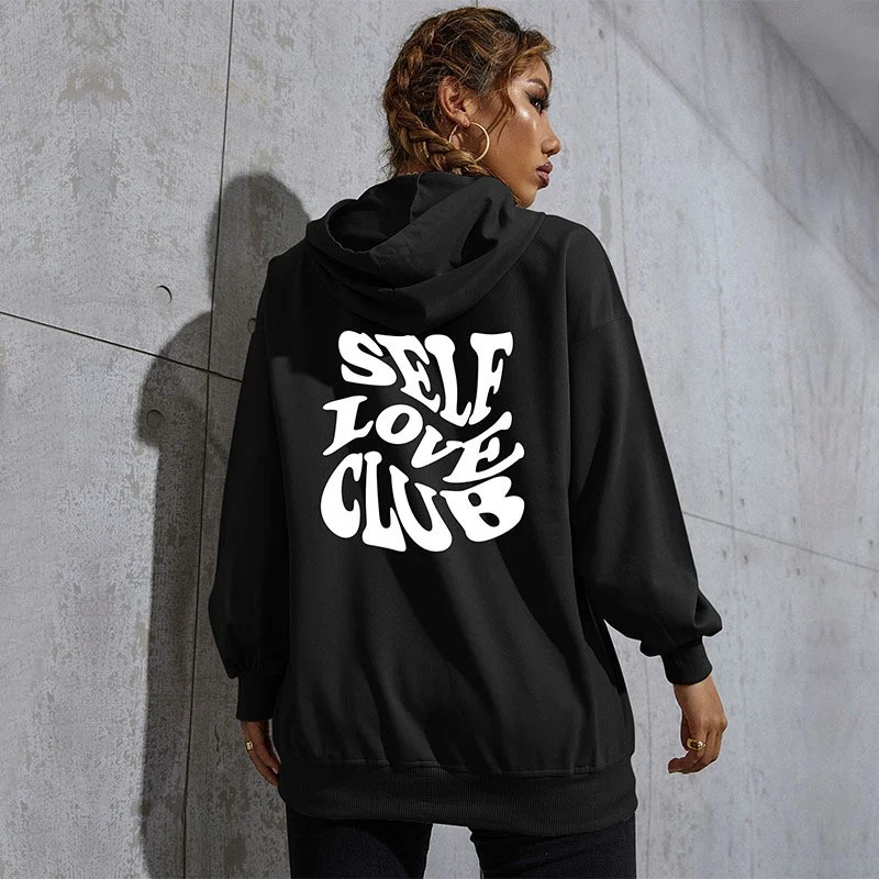 Damen Lässiger Oversize-Kapuzenpullover mit Statement-Print, Kängurutasche und Rippbündchen Nord Taschen