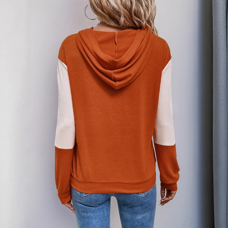 Damen Lässiger Kapuzenpullover mit V‑Kragen, Kontrastärmeln und Rippbündchen Nord Taschen