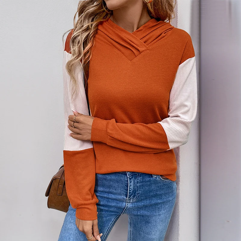 Damen Lässiger Kapuzenpullover mit V‑Kragen, Kontrastärmeln und Rippbündchen Nord Taschen