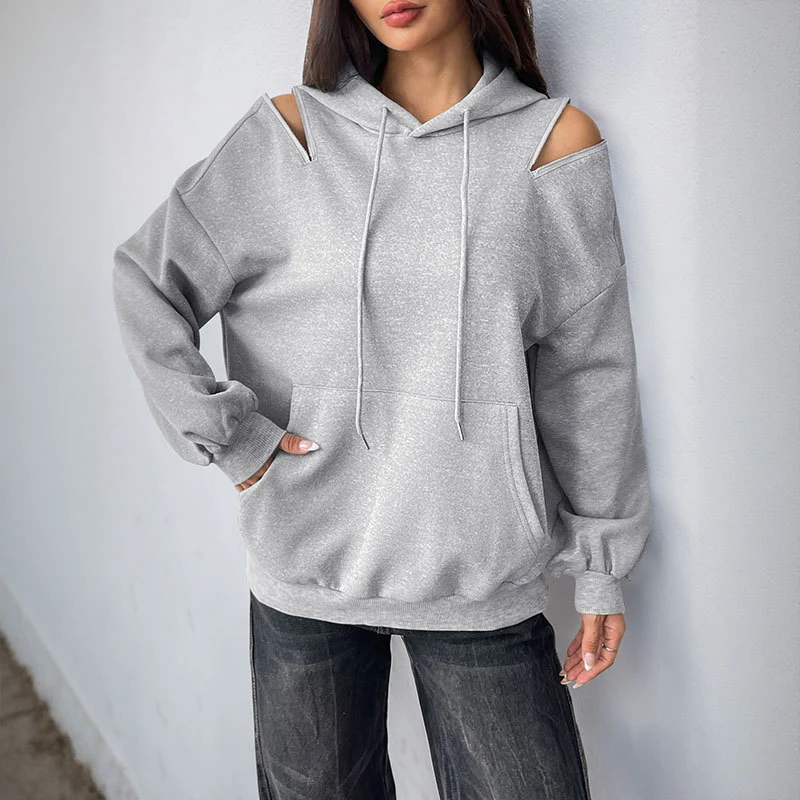 Damen Lässiger Kapuzenpullover mit Schulteröffnungen, Kängurutasche und gerippten Bündchen Nord Taschen