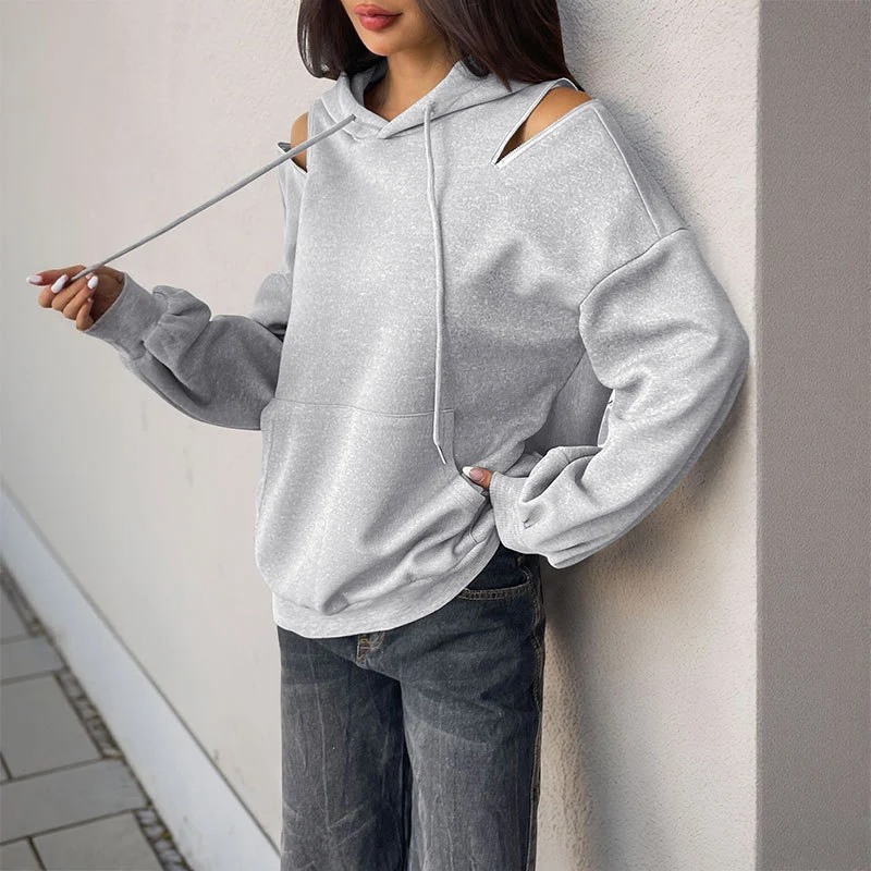 Damen Lässiger Kapuzenpullover mit Schulteröffnungen, Kängurutasche und gerippten Bündchen Nord Taschen