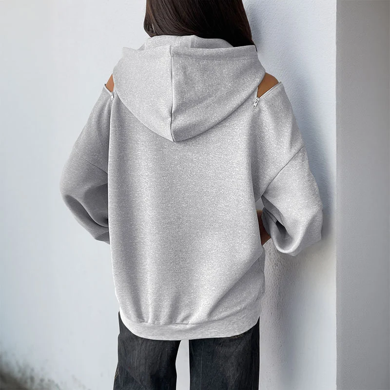 Damen Lässiger Kapuzenpullover mit Schulteröffnungen, Kängurutasche und gerippten Bündchen Nord Taschen