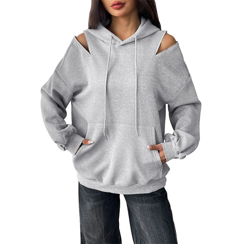 Damen Lässiger Kapuzenpullover mit Schulteröffnungen, Kängurutasche und gerippten Bündchen Nord Taschen