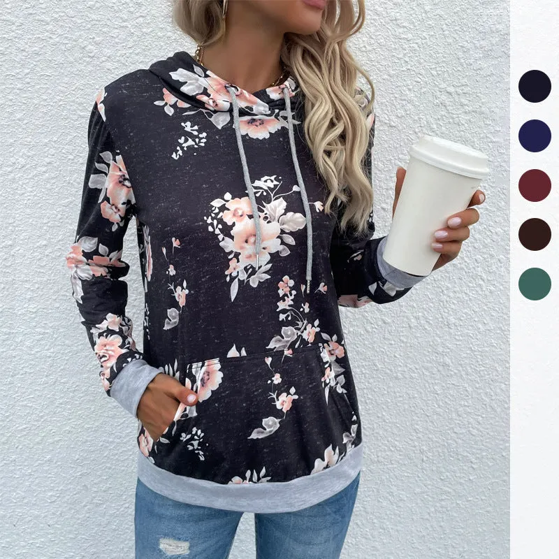 Damen Lässiger Kapuzenpullover mit floralem Vintage-Print, Kängurutasche und kontrastenden Bündchen Nord Taschen