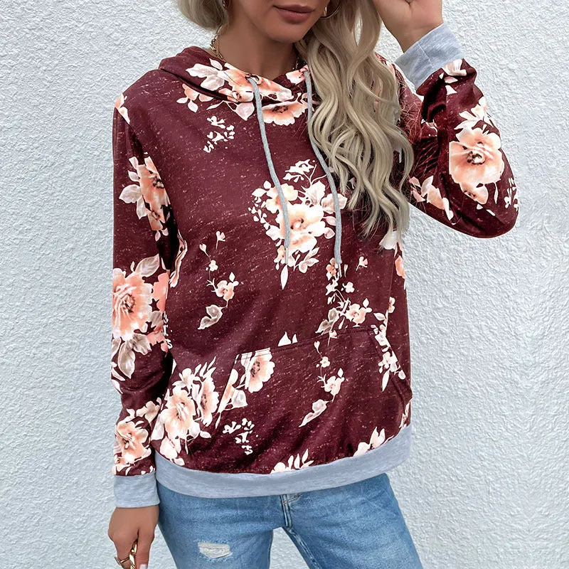Damen Lässiger Kapuzenpullover mit floralem Vintage-Print, Kängurutasche und kontrastenden Bündchen Nord Taschen