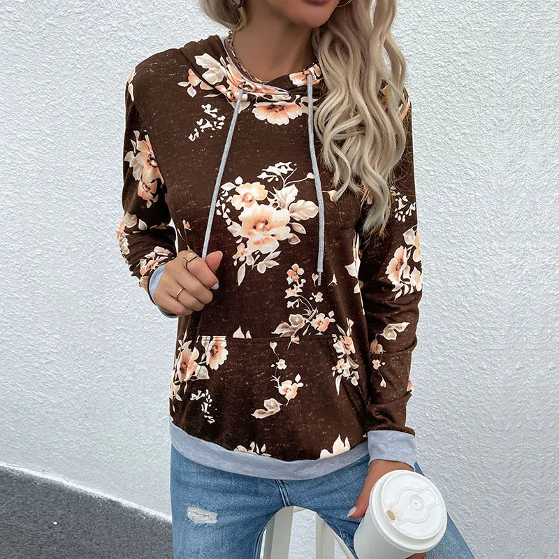 Damen Lässiger Kapuzenpullover mit floralem Vintage-Print, Kängurutasche und kontrastenden Bündchen Nord Taschen