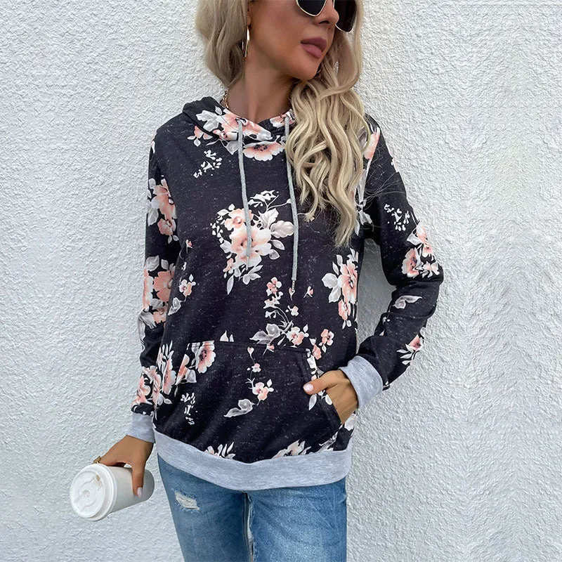 Damen Lässiger Kapuzenpullover mit floralem Vintage-Print, Kängurutasche und kontrastenden Bündchen Nord Taschen
